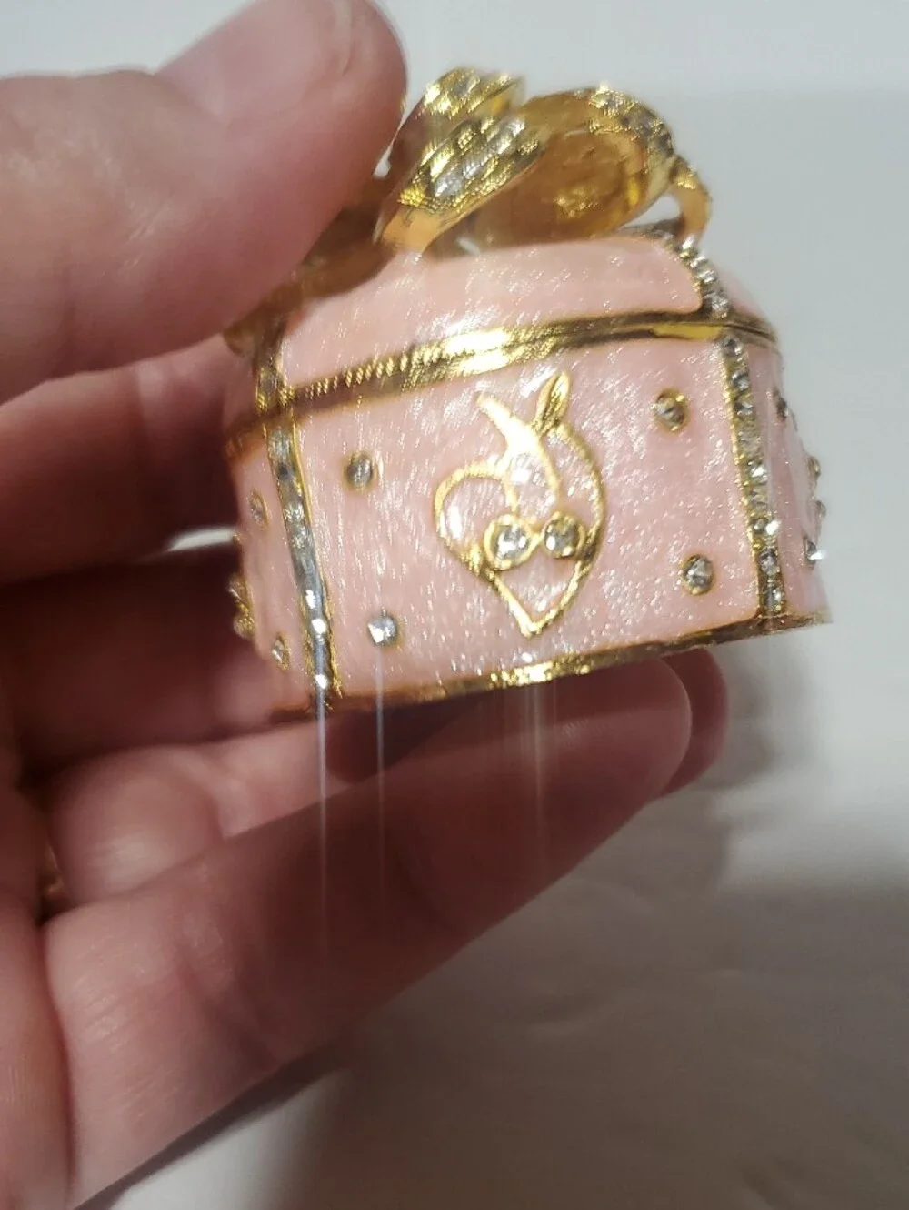 Pink Enamel Trinket Box with Gold Bow Accent